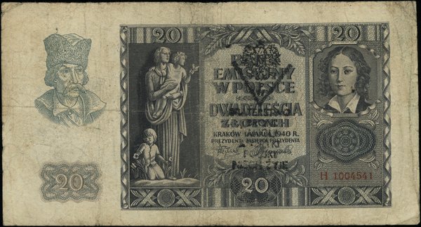 Banknoty z nadrukami BRATERSTWO BRONI ANGLII AMERYKI POLSKI NIECH ŻYJE. 20 złotych, 1.03.1940