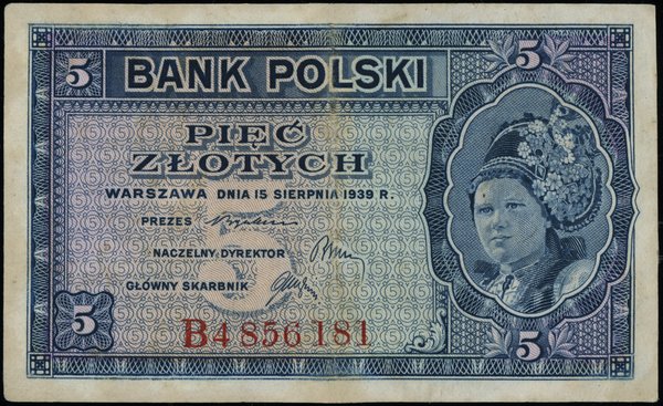 Bank Polski na emigracji, emisja 15.08.1939. 5 złotych, 15.08.1939