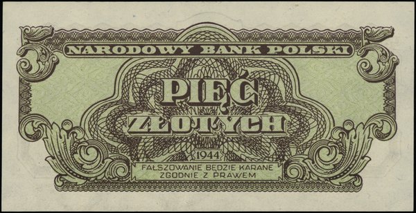 Bilety NBP emisji 1944 r., w klauzuli OBOWIĄZKOWYM. 5 złotych, 1944