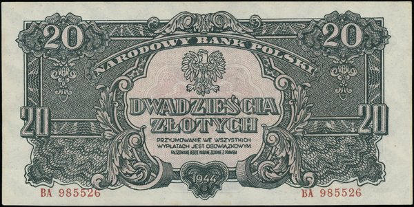 Bilety NBP emisji 1944 r., w klauzuli OBOWIĄZKOWYM. 20 złotych, 1944