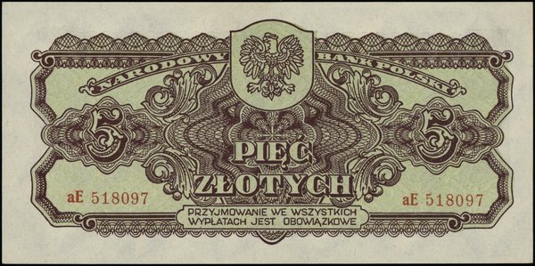 Bilety NBP emisji 1944 r., w klauzuli OBOWIĄZKOWE. 5 złotych, 1944