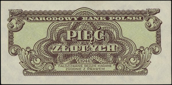 Bilety NBP emisji 1944 r., w klauzuli OBOWIĄZKOWE. 5 złotych, 1944