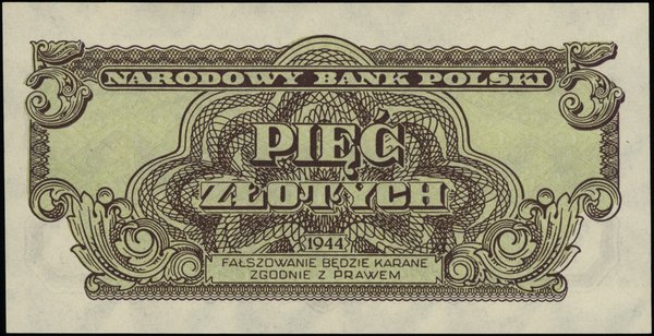 Bilety NBP emisji 1944 r., w klauzuli OBOWIĄZKOWE. 5 złotych, 1944