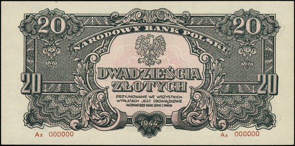 Bilety NBP emisji 1944 r., w klauzuli OBOWIĄZKOWE. 20 złotych, 1944