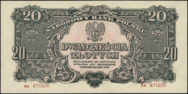Bilety NBP emisji 1944 r., w klauzuli OBOWIĄZKOWE. 20 złotych, 1944