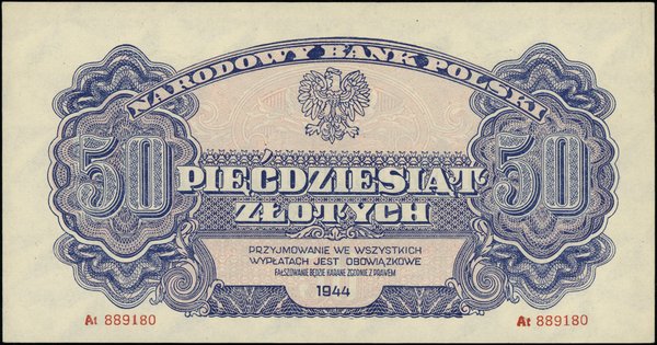 Bilety NBP emisji 1944 r., w klauzuli OBOWIĄZKOWE. 50 złotych, 1944