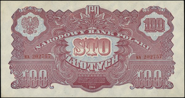 Bilety NBP emisji 1944 r., w klauzuli OBOWIĄZKOWE. 100 złotych, 1944