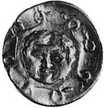 SYCYLIA- Syrakuzy, (405-380 p.n.e.), AV-obol, Aw: Głowa Ateny w hełmie ateńskim w lewo i napis ™YPA (wspak),Rw: Tarcza i głowa Gorgony na wprost, Sear 948, BMC 2.138, 0.7 g.
