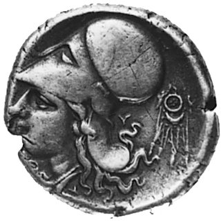 AKARNANIA- Thyrrheion, (350-250 p.n.e.), AR-stater, Aw: Pegaz lecący w lewo, niżej litera O, Rw: Głowa Atenyw hełmie korynckim w lewo, za nią litera Y i lecąca kometa, BMC 12, 8.4 g.
