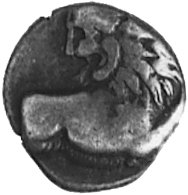 TRACJA- Cherronesos (prawdopodobnie to samo miejsce co późniejsza Kardia- 400-350 p.n.e.), AR-hemidrachma,Aw: Przednia część lwa z głową zwróconą do tyłu, Rw: Czteroczęściowy wklęsły kwadrat, w polu kula i kiść winogron,Sear 1603, BMC 3.18