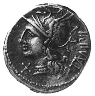 M. Baebius Q.f. Tampilus (137 p.n.e.), denar, Aw: Głowa Romy w lewo, X pod podbródkiem, za głową napis TAMPII,Rw: Apollo w kwadrydze, napis ROMA i niżej M.BAEBI Q., Sear Baebia 12, Craw.236/la-d,f, 3.7 g.
