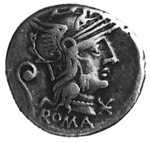 C. Servilius M.f. (136 p.n.e.), denar, Aw: Głowa Romy w prawo, niżej napis ROMA, Rw: Dwaj galopujący jeźdźcy,jeden z literą M na tarczy wymierza dzidę w drugiego, Sear Servilia 6, Craw.264/1, 3.9 g.