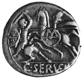 C. Servilius M.f. (136 p.n.e.), denar, Aw: Głowa Romy w prawo, niżej napis ROMA, Rw: Dwaj galopujący jeźdźcy,jeden z literą M na tarczy wymierza dzidę w drugiego, Sear Servilia 6, Craw.264/1, 3.9 g.