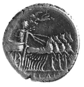 L. Manlius Torquatus (82 p.n.e.), denar, Aw: Głowa Romy w lewo i napis: L. MANLI, za głową PRO.Q, Rw: Sullaw kwadrydze koronowany przez Victorię lecącą nad nim, w odcinku nieczytelny napis, Sear Manlia 4, Craw.367/5, 3.8 g.