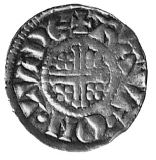 Henryk III (1216-1272), denar, Aw: Głowa w koronie na wprost i napis: HENRICVS...X, Rw: Podwójny krzyżz koniczynkami w polach między ramionami i napis: RAVF ON LVND (Londyn), Seaby 1357A (1355), 1,4 g.