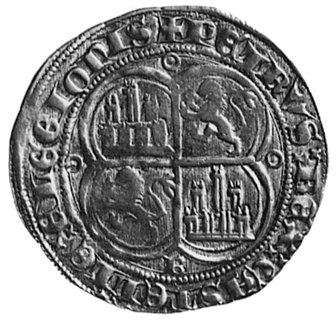 Pedro I (1350-1369), real, Aw: Duży monogram P pod koroną i napis: ..DOMINVS MICHI ADIVTOR...,Rw: Czteropolowa tarcza herbowa Kastylii i Leonu, niżej litera C, w otoku napis: PETRVS REX CASTELLEE LEGIONIS, Cayon-Castan 1277, 3.5g.