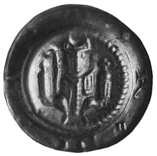 Berthold II/III i IV (1261-1286), brakteat: Opat siedzący na wprost z pastorałem i księgą, po bokach 2 wieże, na kołnierzunapis: B.R.H.T. Berger 2295, Bonhoff 1372, 0.6 g.