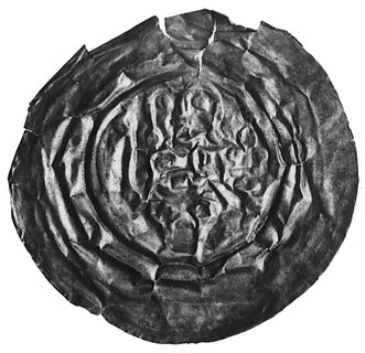 Henryk IV (1209-1240), brakteat (mennica Gera): Siedząca opatka ze sztandarem i kwiatem, Berger 2081, 0.76 g., pogięty