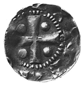 Henryk I Ptasznik (913-936), denar, Aw: W otoku napis nieczytelny, w polu: REX, Rw: Krzyż, w polach 4 kule,Dbg 9la, Bonhoff 1698, 1.0 g.