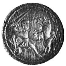 denar, Aw: Książe z mieczem, obok giermek, Rw: Rycerz walczący z lwem, w polu krzyżyk i gałązka, Kop.7.I.c -rr-,Gum.84, Str.40, 0.58 g.