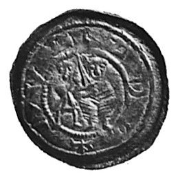 denar, Aw: Książe z mieczem, obok giermek, Rw: Rycerz walczący z lwem, w polu krzyżyk, dwie kropki i gałązka,KopAI.d -rr-, Gum.84, Str.40, 0.65 g.