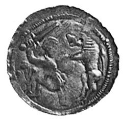 denar, Aw: j.w.. Rw: Rycerz walczący z lwem, w polu gałązka, Kop.7.I.-rr-, Gum.84, Str.40, 0.57 g.