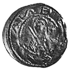 denar, Aw: Popiersie księcia na wprost, w otoku napis: BOLEZLAS, Rw: Trzej książęta za stołem, Kop.8.IV.a -rr-,Gum.92, Str.58i, 0.33 g., ładny egzemplarz