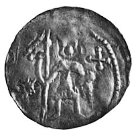 denar, Aw: Dwaj książęta za stołem, Rw: Rycerz stojący z tarczą i chorągwią, Kop.8.II.l -r-, Gum.93, Str.59h, 0.51 g.