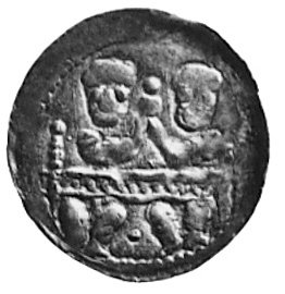 denar, Aw: Dwaj książęta za stołem, Rw: Rycerz stojący z tarczą i chorągwią, Kop.8.II.l -r-, Gum.93, Str.59f, 0.52 g.