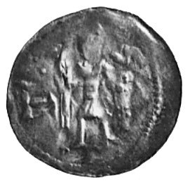 denar, Aw: Dwaj książęta za stołem, Rw: Rycerz stojący z tarczą i chorągwią, Kop.8.II.l -r-, Gum.93, Str.59f, 0.52 g.