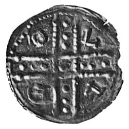 denar jednostronny: W krzyż dwunitkowy wpisany napis: BOLI, Kop.21,I.a -rrr-, Gum.167, Str.l74d (awers), 0.22 g.,moneta przypisywana dawniej przez Kopickiego i Gumowskiego Bolesławowi Wstydliwemu, obecnie uznana za monetęBolesława Wysokiego bitą we Wrocławiu w latach 1185-1201