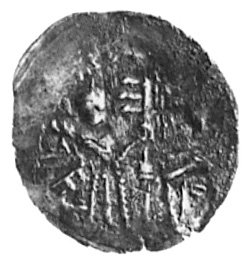 denar, Aw: W krzyż dwunitkowy wpisany napis: Lodizlas, Rw: Dwie postacie trzymające chorągiew, Kop.17.Lla -rr-,Gum.167, Str.l74a, 0.30 g., moneta niesłusznie przypisywana przez Gumowskiego i Kopickiego WładysławowiLaskonogiemu, gdyż jest to moneta Mieszka Plątonogiego wybita we Wrocławiu lub Raciborzu w latach 1177-1201
