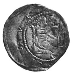 denar, Aw: Książe siedzący na tronie, w otoku nieczytelny napis, Rw: Popiersie biskupa między dwoma wieżami,w otoku nieczytelny napis (WENCEZLAVS), Kop.16.111.1 -r-, Gum.236, Str.176, moneta przypisywana obecniebiskupowi krakowskiemu Iwo Odrowążowi (1218-1229)