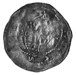 denar, Aw: Książe siedzący na tronie, w otoku nieczytelny napis, Rw: Popiersie biskupa między dwoma wieżami,w otoku nieczytelny napis (WENCEZLAVS), Kop.16.111.1 -r-, Gum.236, Str.176, moneta przypisywana obecniebiskupowi krakowskiemu Iwo Odrowążowi (1218-1229)