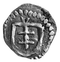 denar- Wschowa, Aw: Podwójny krzyż w tarczy, powyżej litera V, Rw: Orzeł, Kop.31.2.II.b -rrr-, Gum.432, 0.40 g.,bardzo rzadka moneta w pięknym stanie zachowania