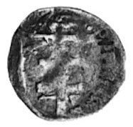 denar- Kraków, Aw: Orzeł, Rw: Podwójny krzyż w tarczy, nad nią dwie kropki, Kop.-, Gum.410, Kubiak -, bardzorzadki typ monety