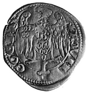 Akwilea, Bertrand de Saint Genies (1334-1350), denar, Aw: Siedząca Madonna z Dzieciątkiem i napis: BERT..P,Rw: Orzeł z literą B na piersi i napis: AQIL..E, CNI 7, Bernardi 47b, 1,0 g.