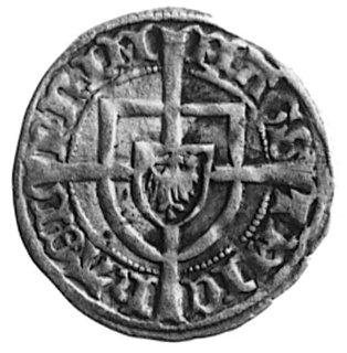 Michał Kuchmeister von Sternberg (1414-1422), szeląg, Aw: Tarcza Wielkiego Mistrza i napis, Rw: Tarcza krzyżackai napis, Vos.787