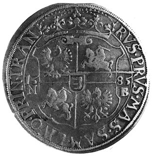 talar 1585, Nagybanya, Aw: Półpostać w zbroi i napis, Rw: Tarcza herbowa i napis, Kop. 1031,1 -rr-, Dav.8457,końcówka blachy