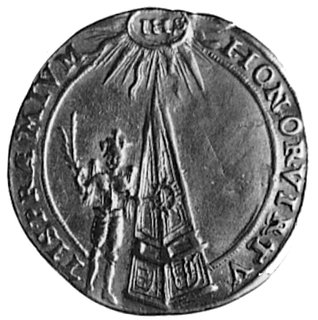 dukat koronacyjny 1633, Bydgoszcz, Aw: Napis w ozdobnej tarczy między insygniami koronacyjnymi, Rw: Królw zbroi obok obelisku i napis wokół, H-Cz. 1740 R2, autorem stempla był prawdopodobnie Jan Höhn