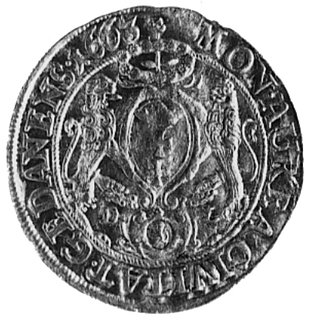 dukat 1663, Gdańsk, Aw: Popiersie i napis, Rw: Herb Gdańska i napis, Kop.221,II.14 -r-, Fr.24, T.14