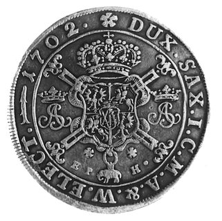 talar 1702, Lipsk, Aw: Popiersie i napis, Rw: Tarcza herbowa na tle krzyża i napis, Merseb.1434, Dav.1614