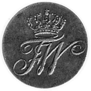 szeląg 1801, Berlin, Aw: Monogram Fryderyka Wilhelma III, Rw: Napis, Plage 44
