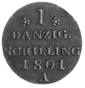 szeląg 1801, Berlin, Aw: Monogram Fryderyka Wilhelma III, Rw: Napis, Plage 44