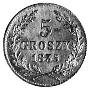5 groszy 1835, Wiedeń, Aw: Herb Krakowa i napis, Rw: Nominał w wieńcu, moneta rzadka w tym stanie zachowania