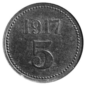moneta zastępcza emitowana w 1917 w Słomowie w woj. poznańskim , Aw: Herb i napis JAN TURNO, Rw: Datai nominał, Menzel 12560, cynk 18.0 mm, dobry stan zachowania