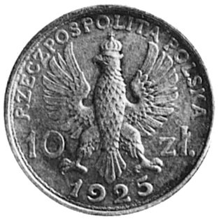10 złotych 1925, Aw: Orzeł i napis, Rw: Profil kobiety i mężczyzny w wieńcu z płodów rolnych, srebro 20.5 mm,4.15 g., ładna patyna