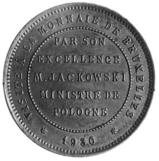 moneta pamiątkowa bita stemplem 5 złotówki w Brukseli z okazji wizyty ministra Jackowskiego, Aw: Nike i napis,Rw: Napisy pamiątkowe, brąz 33.0 mm, 15.49 g., nakład nieznany