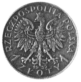 1 złoty 1932 z wypukłym napisem PRÓBA, Aw: Orzeł i napis, Rw: Głowa kobiety, brąz 20.0 mm, 3.09 g., wybito 100sztuk