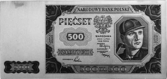 500 złotych 1.07.1948, bez numerów serii i numeracji. Próbny druk banknotu w kolorze brązowym